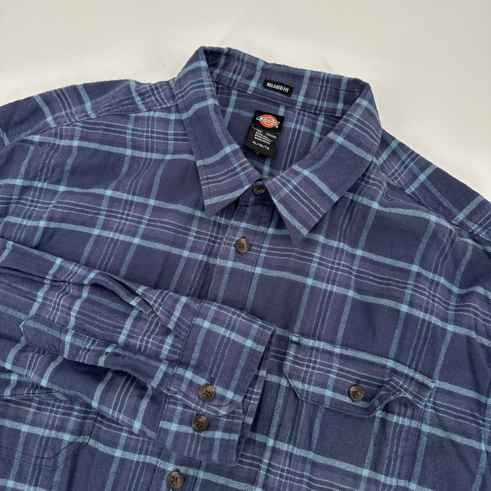 Dickies Mens Relaxed Fit Blue Plaid Flannel Button Down Shirt XL Lumberjack